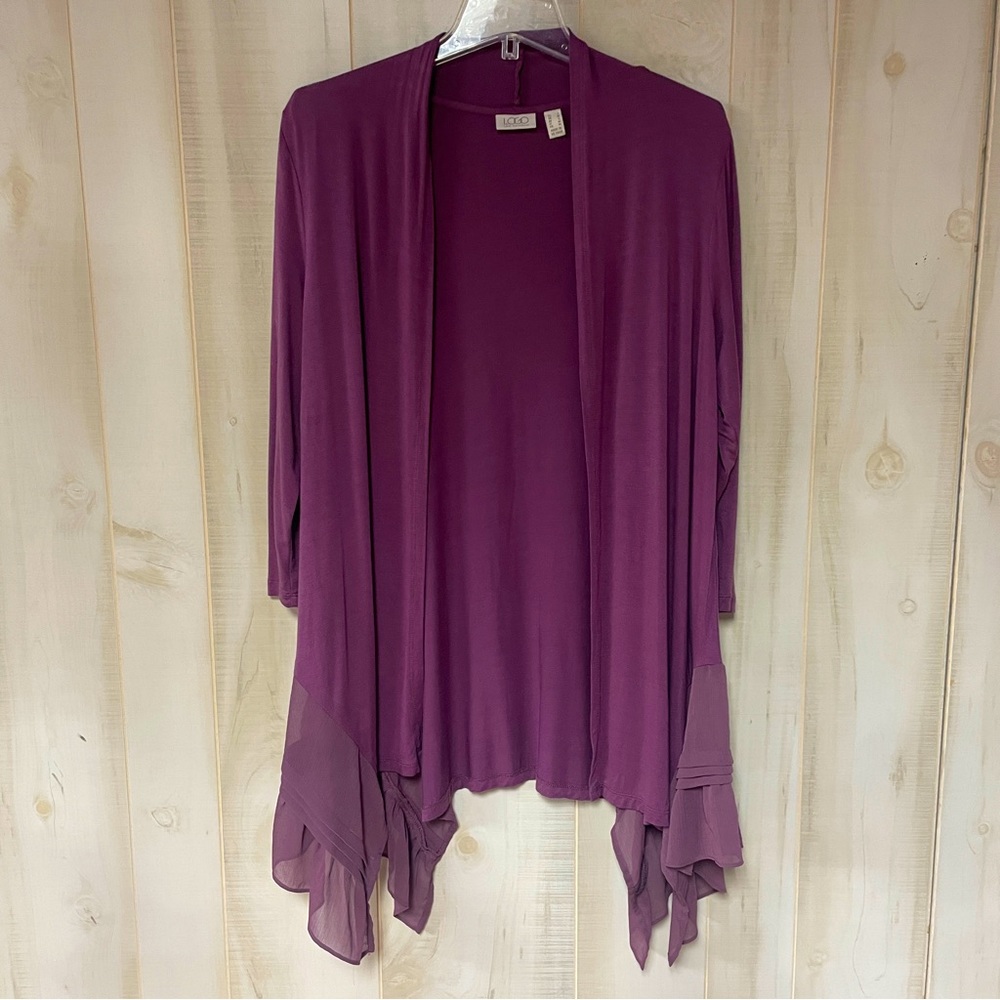Logo Purple Ruffle Asymmetrical Hem 3/4 Sleeve Lightweight Open Cardigan Sz S